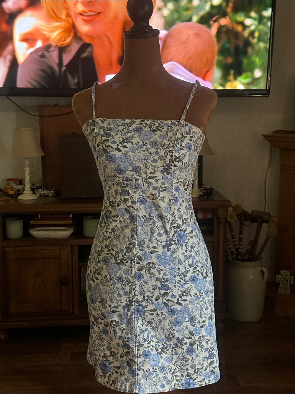 Wild Fable Blue Floral Mini Dress XS Cottagecore Sleeveless Square Neck Zip Back